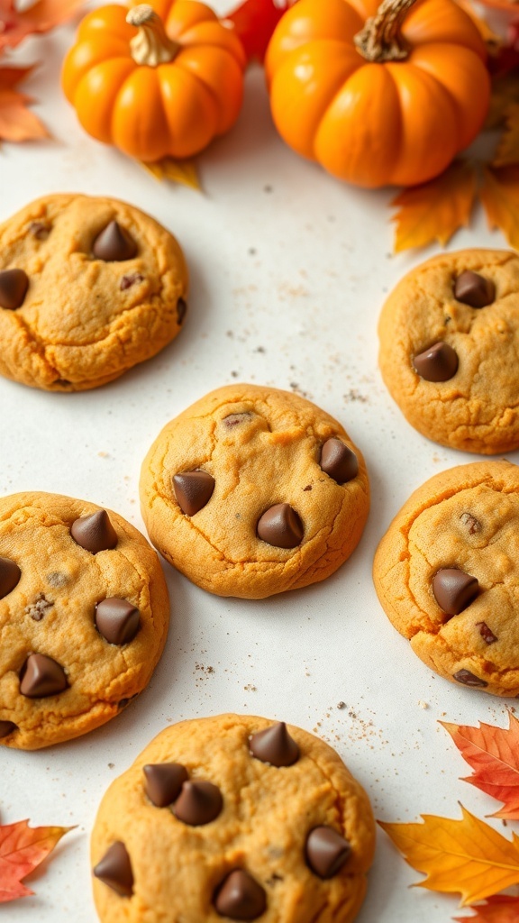 High-protein pumpkin chocolate chip cookies with small pumpkins and autumn leaves.