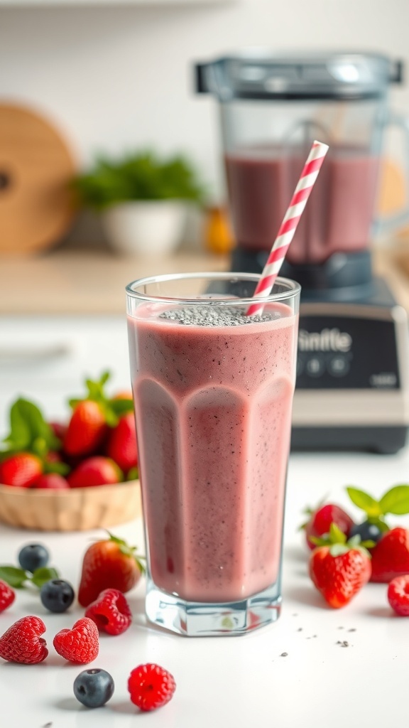 A delicious high-protein smoothie with berries in a glass, garnished with a straw, surrounded by fresh berries.