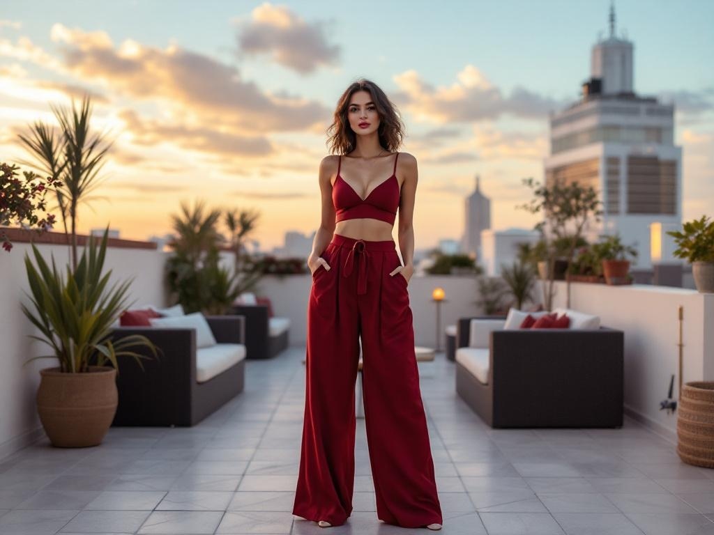 A model wearing high-waisted trousers and a crop top on a rooftop during sunset.