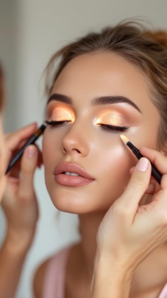 A makeup artist applying highlighter to the inner corner of a model's eye.