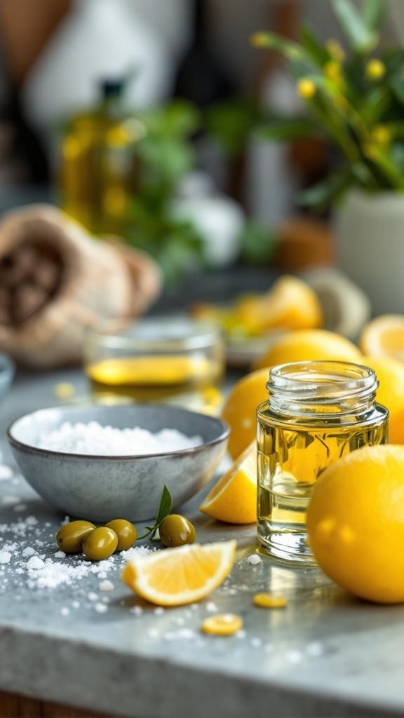 A collection of lemons, olive oil, and salt on a kitchen counter, suggesting natural remedies for nail care.