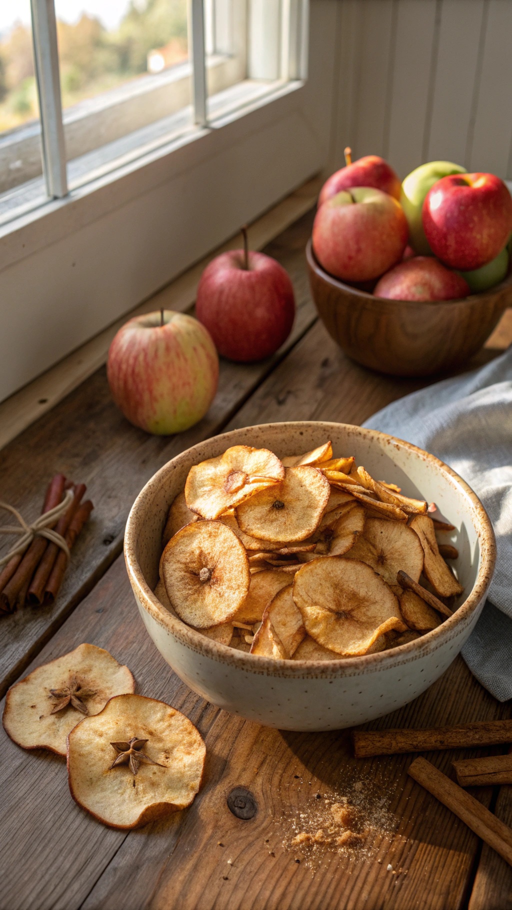 A bowl of homemade apple chips with fresh apples and cinnamon sticks on a rustic wooden table.