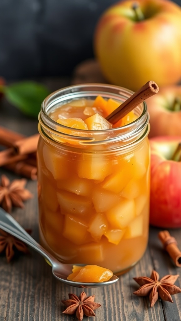 A jar of homemade apple sauce with chunks of apples and a cinnamon stick, surrounded by whole apples and star anise.