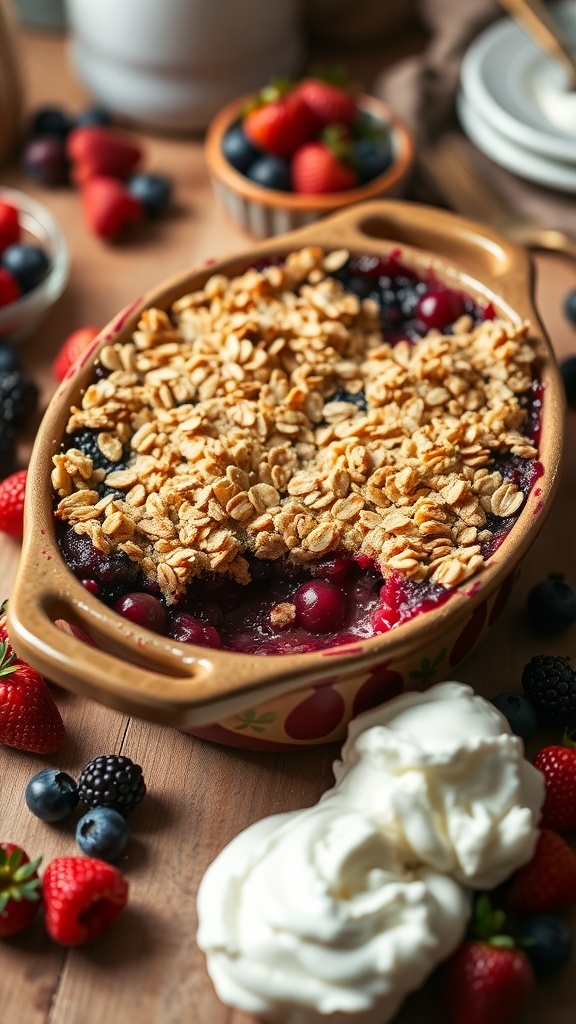 A delicious homemade berry crumble with a golden oat topping, surrounded by fresh berries and whipped cream.