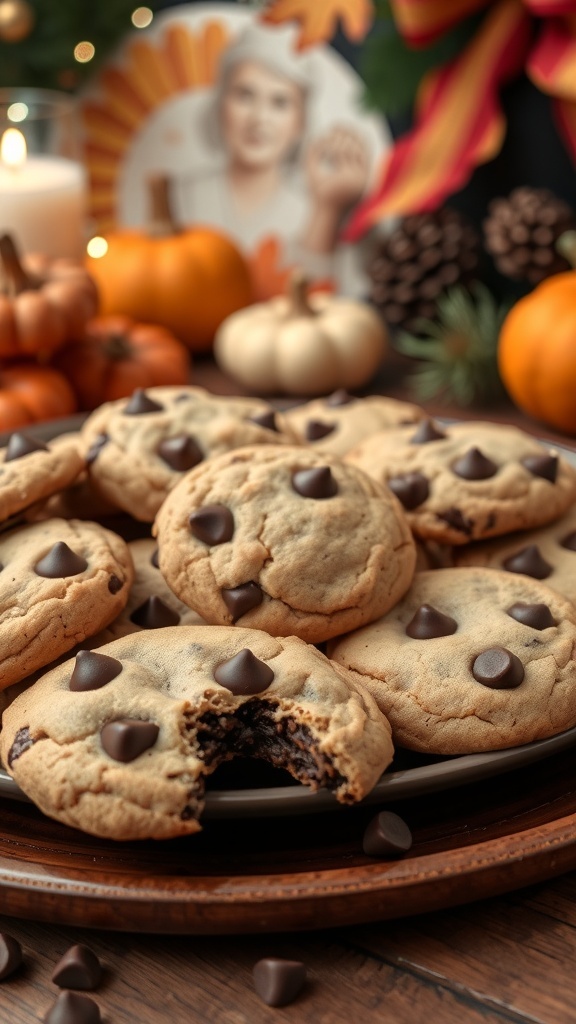 A plate of homemade chocolate chip cookies with chocolate chips on top, surrounded by festive Thanksgiving decorations.