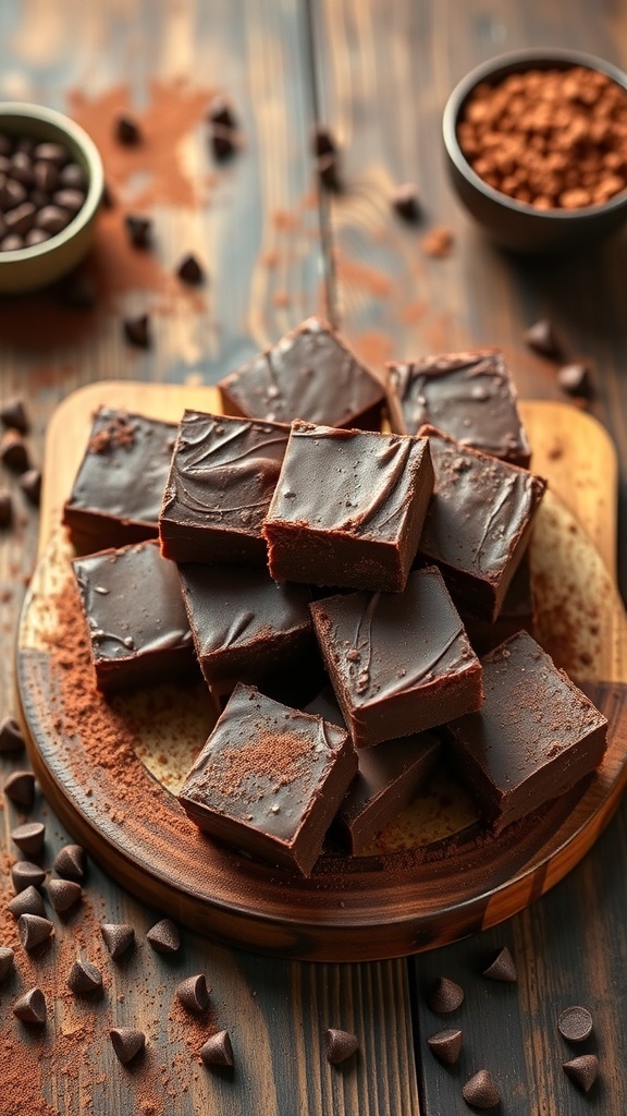 A delicious display of homemade fudge squares on a wooden board, surrounded by chocolate chips and cocoa powder.