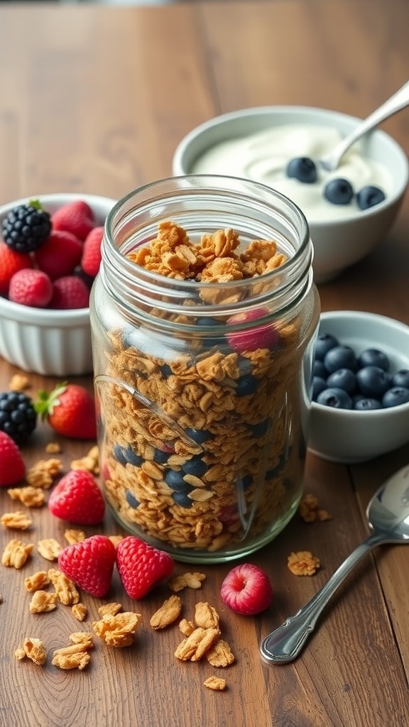A jar of homemade granola surrounded by fresh berries and yogurt.