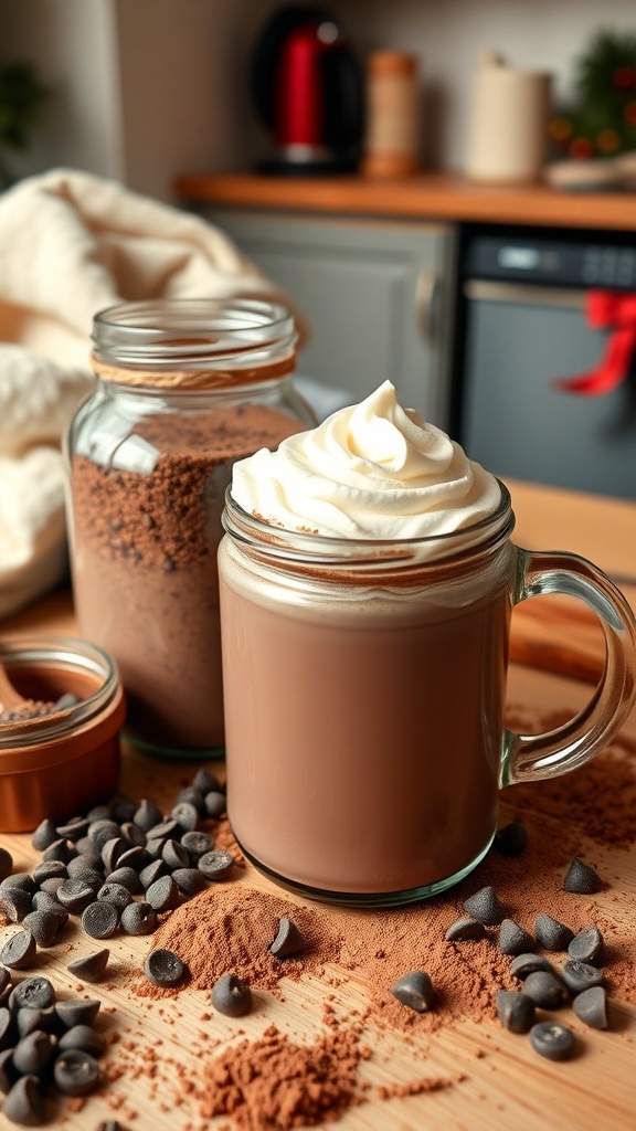 A jar of hot chocolate mix with cocoa powder and chocolate chips, next to a steaming mug of hot chocolate topped with whipped cream.