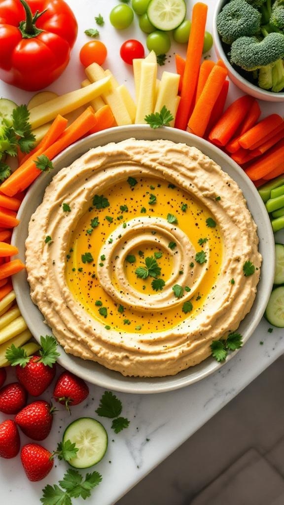 A bowl of homemade hummus surrounded by colorful veggie sticks and fresh ingredients.