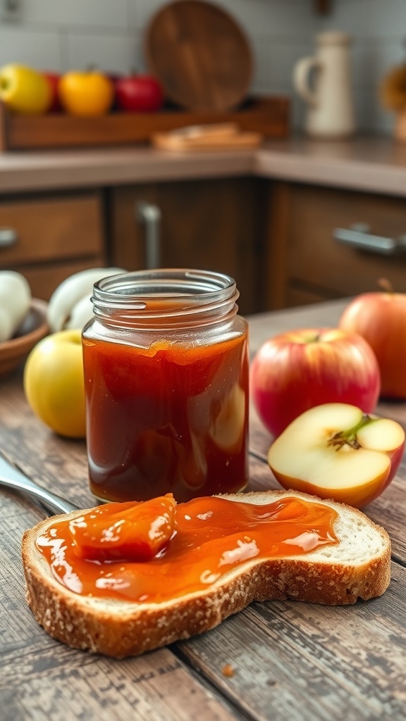 A jar of homemade keto apple jam on a slice of bread, with fresh apples in the background.