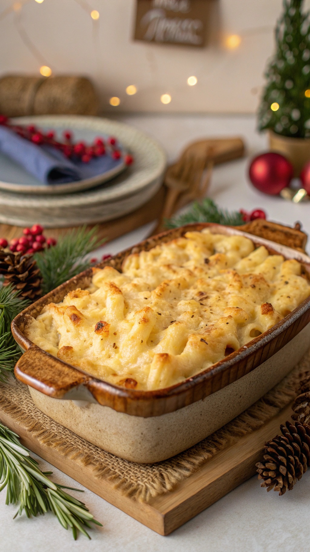 A baked dish of homemade mac and cheese with a golden crust, surrounded by festive decorations.