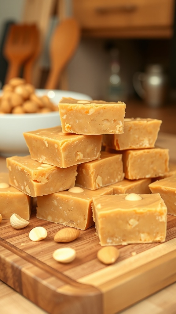 A stack of creamy peanut butter fudge squares on a wooden board, surrounded by almonds.