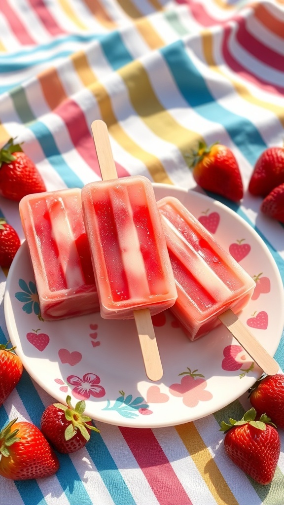 Colorful homemade strawberry popsicles on a plate with fresh strawberries.