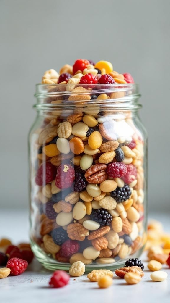 A jar filled with a colorful mix of nuts, seeds, and dried fruits, showcasing a healthy homemade trail mix.
