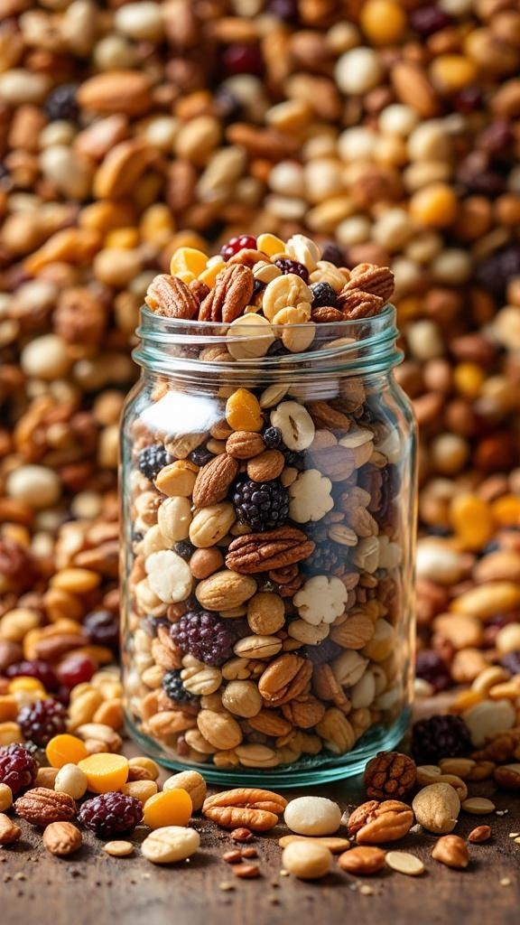 A glass jar filled with a colorful homemade trail mix, surrounded by various nuts and dried fruits.