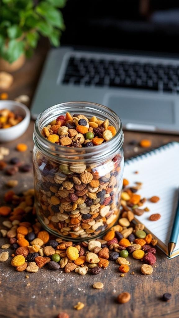 A jar of homemade trail mix with nuts and dried fruits on a wooden table next to a laptop and a notepad.