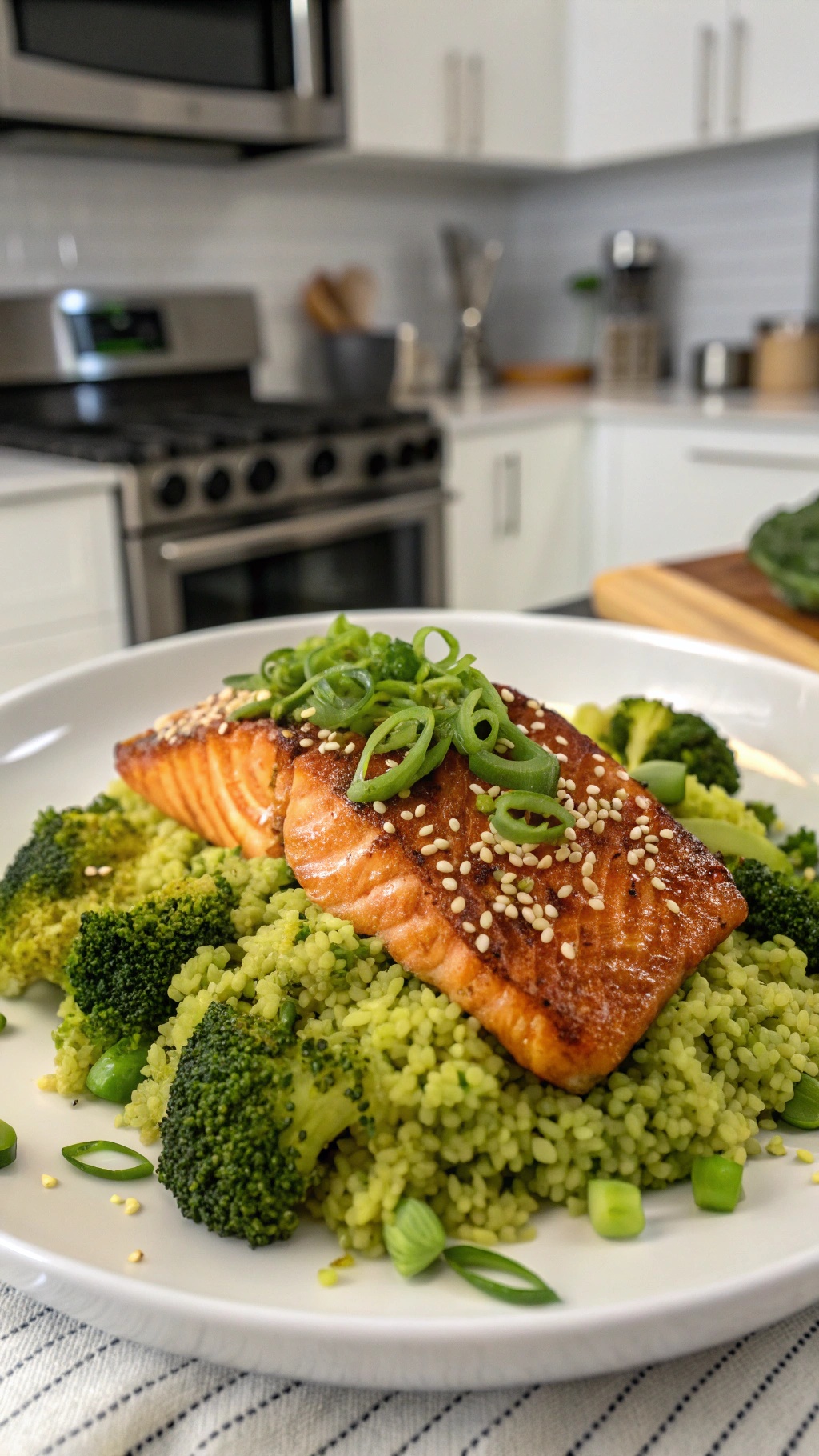 Honey garlic salmon served with broccoli rice and garnished with green onions.