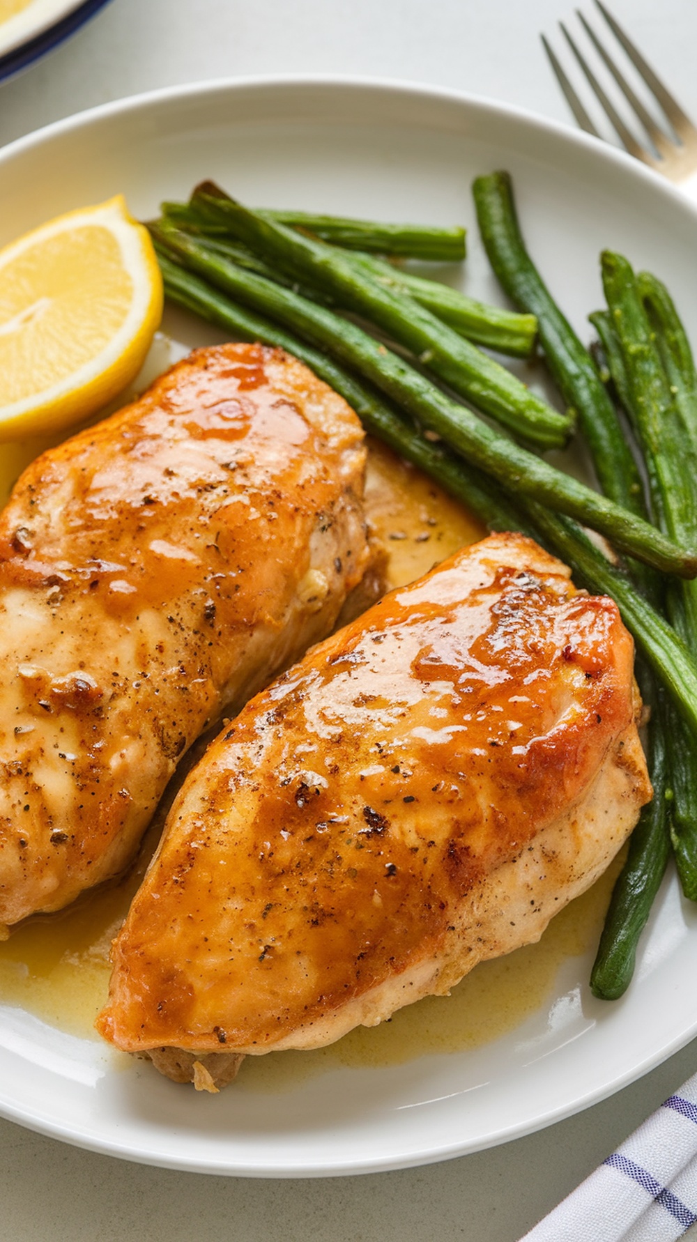 Honey mustard baked chicken breasts served with green beans and lemon slices