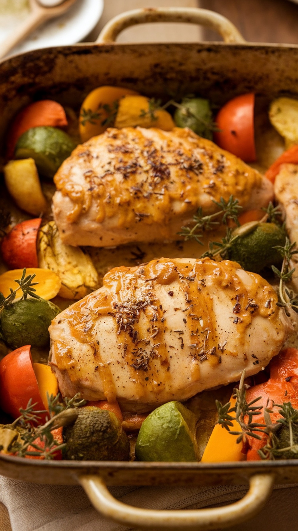 Honey Mustard Chicken Bake with chicken breasts and colorful vegetables in a baking dish
