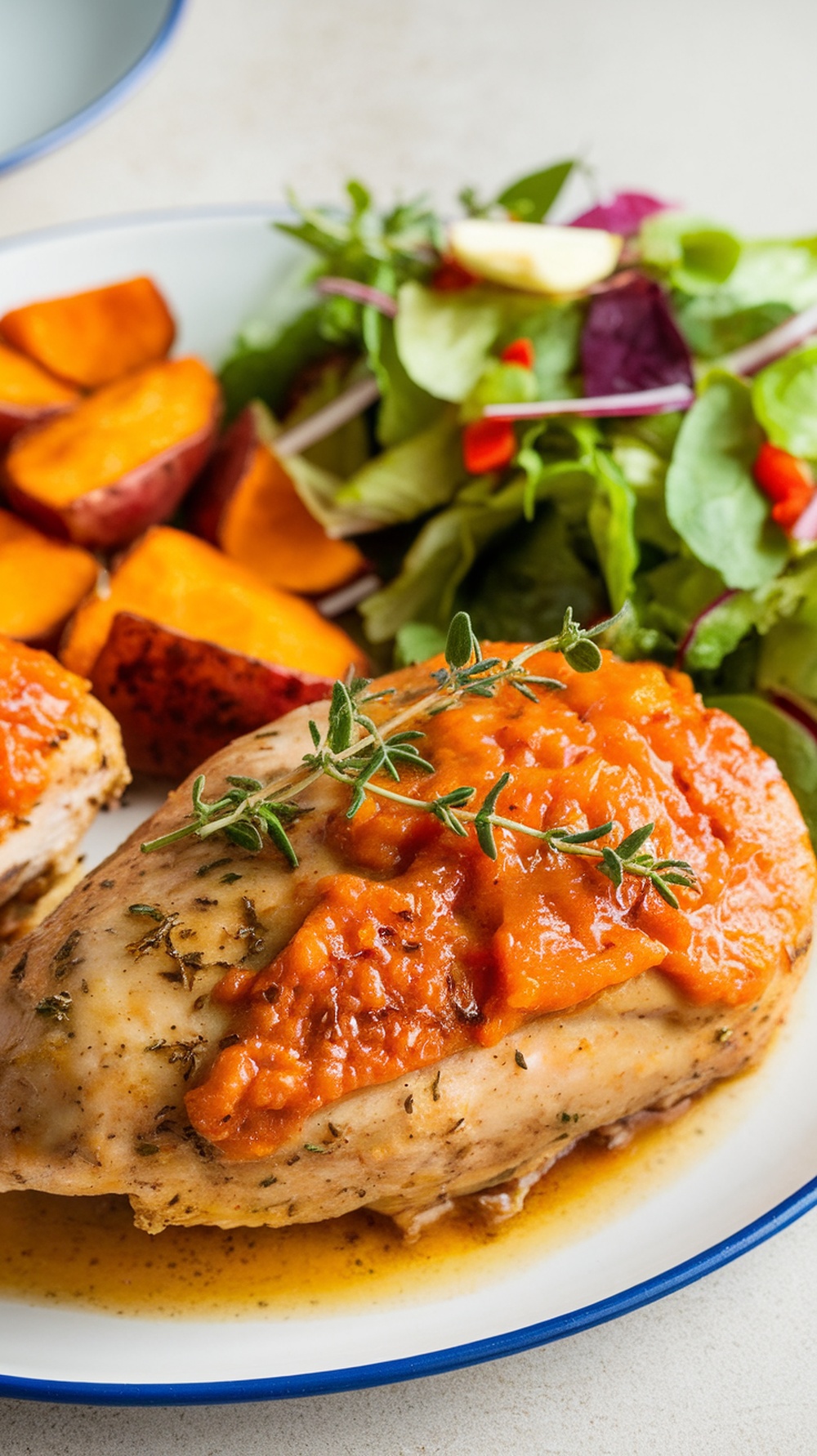 Honey mustard chicken served with roasted sweet potatoes and a fresh salad.
