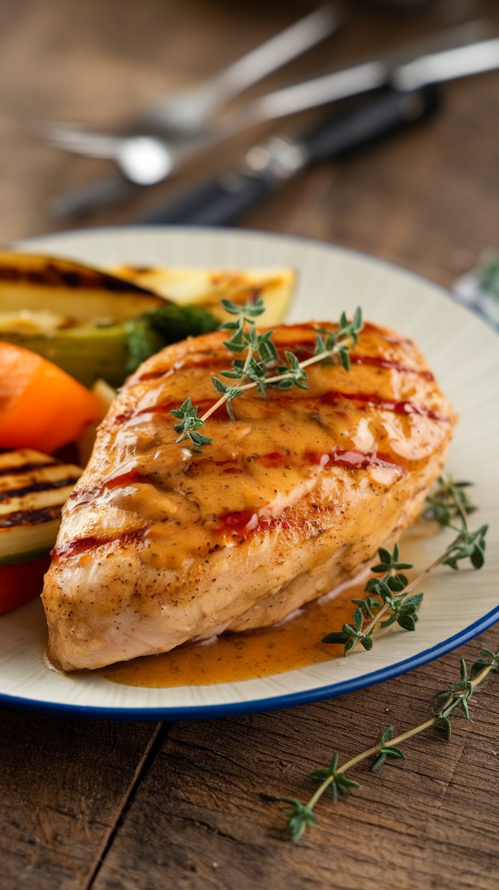 Grilled honey mustard chicken breast served with colorful vegetables on a plate.