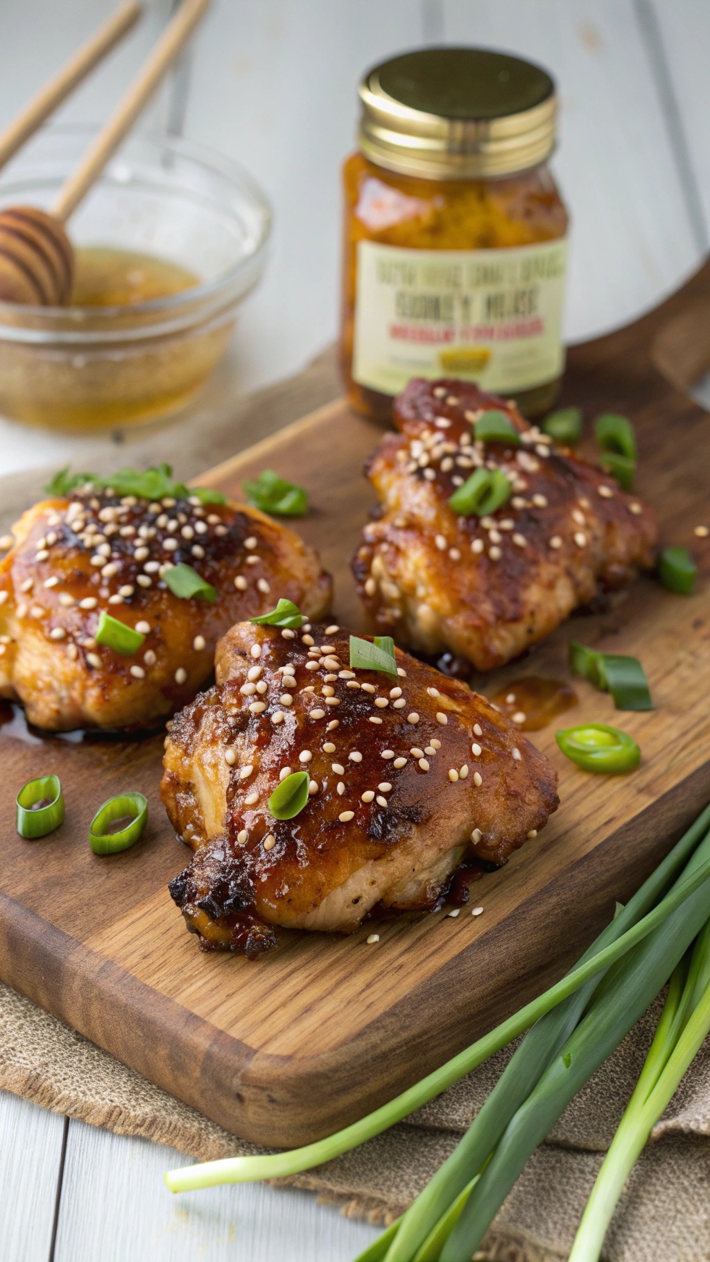 Honey mustard glazed chicken thighs on a wooden board with sesame seeds and green onions