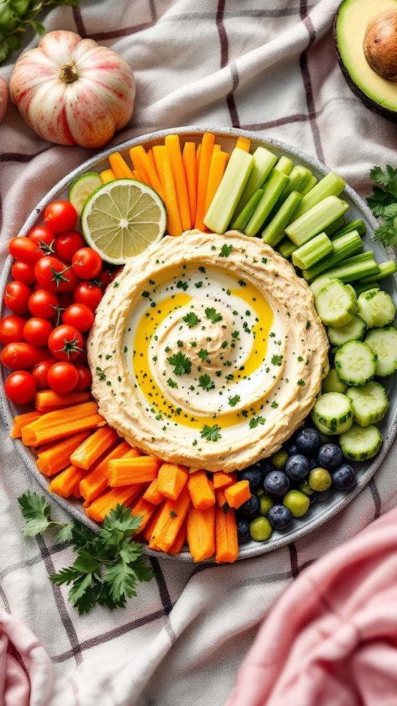 A colorful platter featuring hummus surrounded by an array of fresh veggie sticks, including carrots, celery, cucumbers, cherry tomatoes, and blueberries.