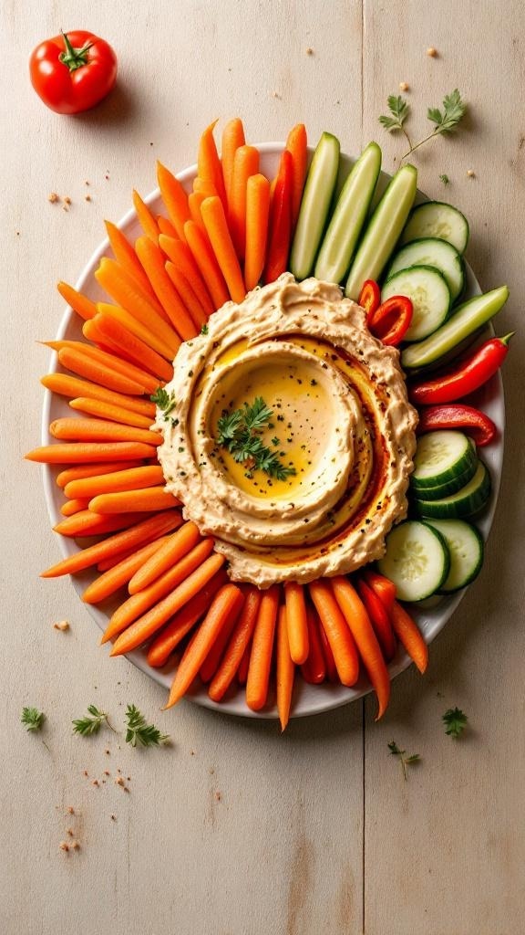 A colorful platter of hummus surrounded by carrot sticks, cucumber slices, and bell pepper strips.