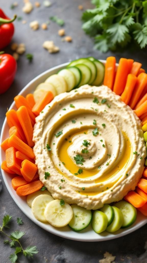 A plate of hummus surrounded by colorful veggie sticks including carrots, cucumbers, and bell peppers.