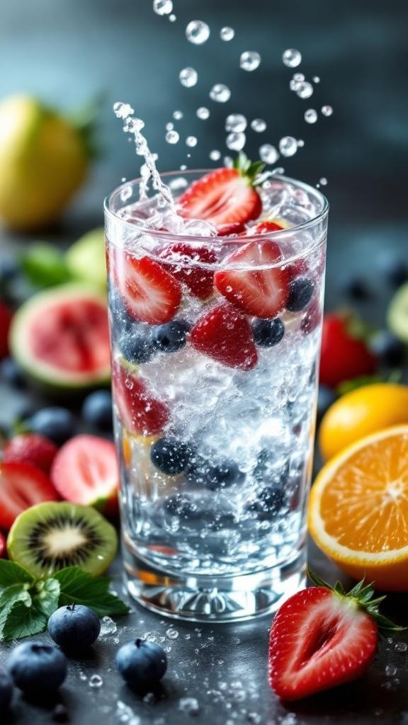 A refreshing glass of water with strawberries, blueberries, and citrus fruits, symbolizing hydration.