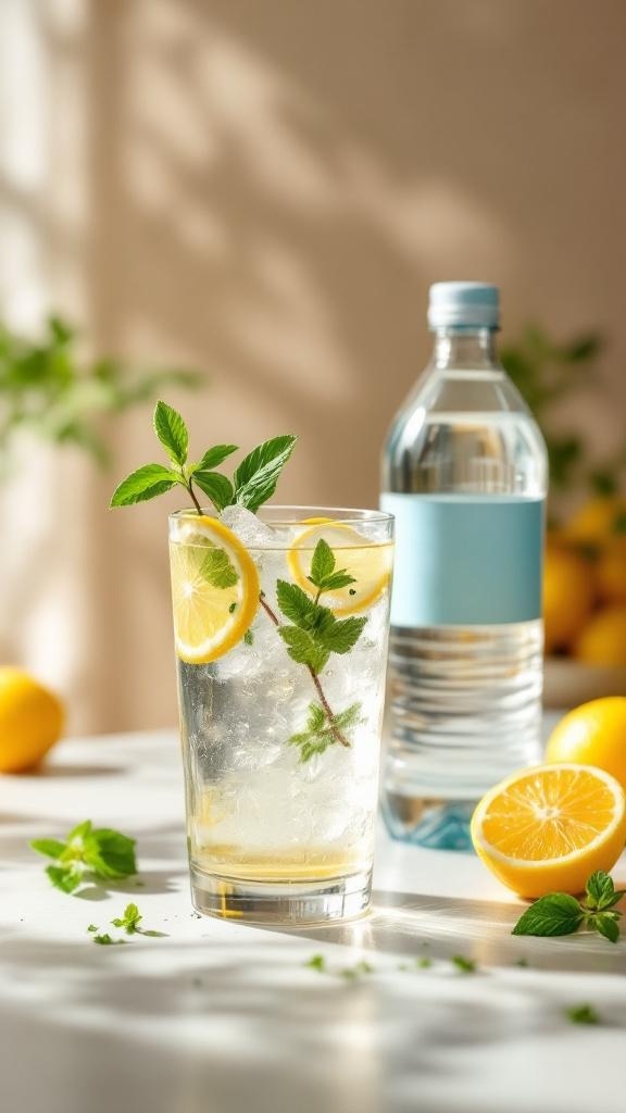 A refreshing glass of water with lemon and mint, next to a bottle of water and fresh lemons.
