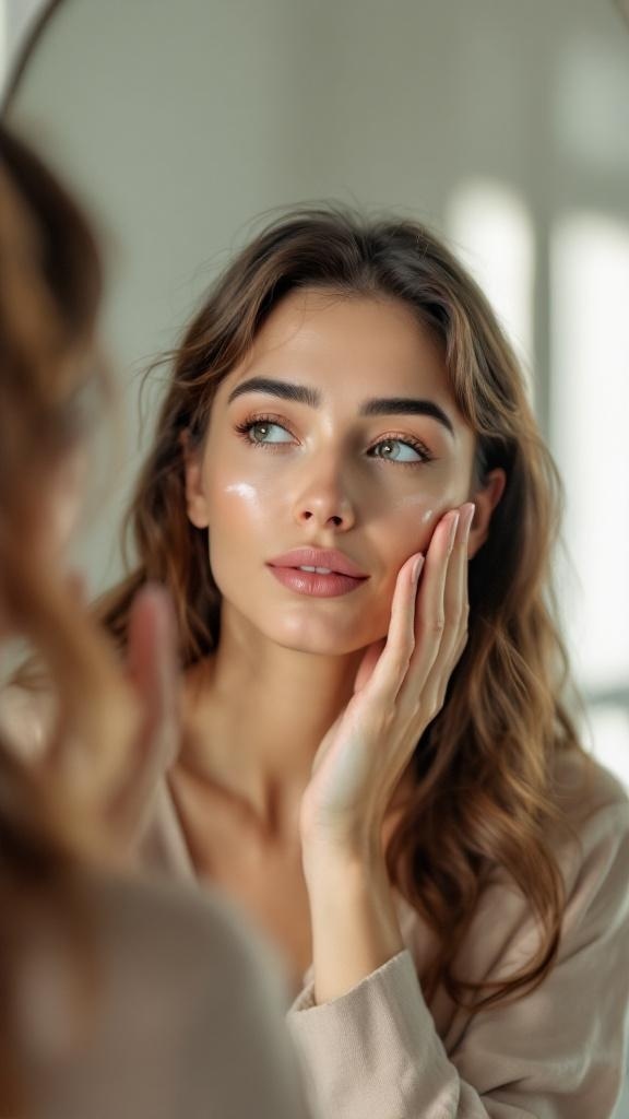 A woman applying illuminating eye cream while looking in the mirror, showcasing a fresh and awake appearance.