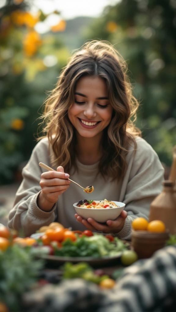 A young woman smiling while enjoying a bowl of food surrounded by fresh ingredients.