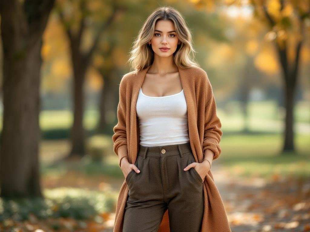 A woman wearing a cozy cardigan and high-waisted pants in an autumn park setting.