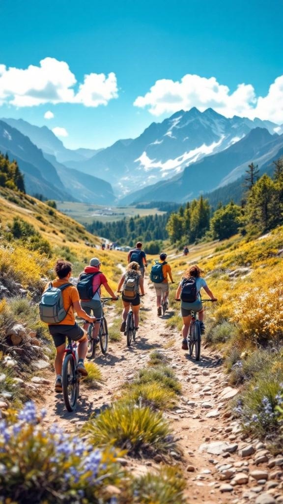 A group of people hiking by a lake with mountains in the background.