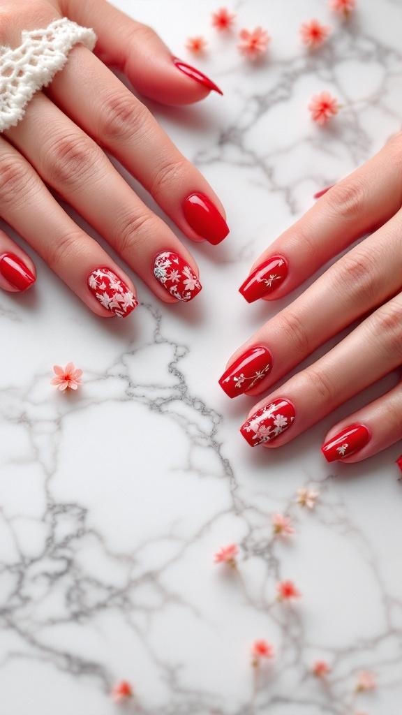 A hand with red nails featuring intricate nail art designs, surrounded by red and pink flowers on a marble surface.