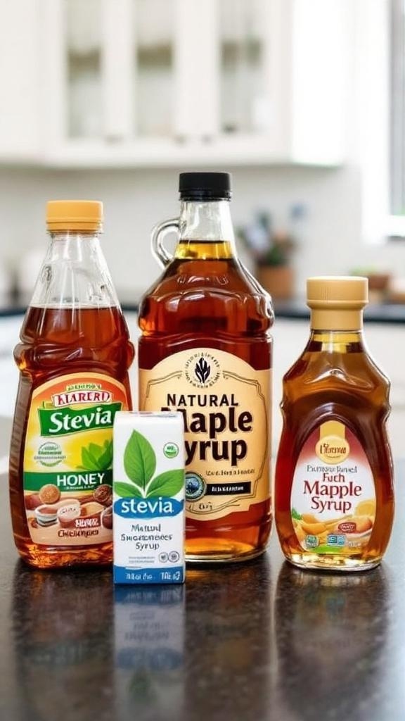 A collection of natural sweeteners including maple syrup in a kitchen setting.