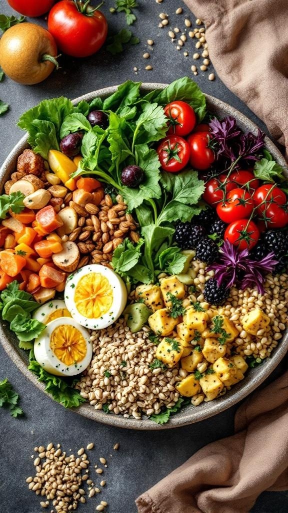 A colorful plate filled with nutrient-dense foods including greens, vegetables, fruits, and grains.