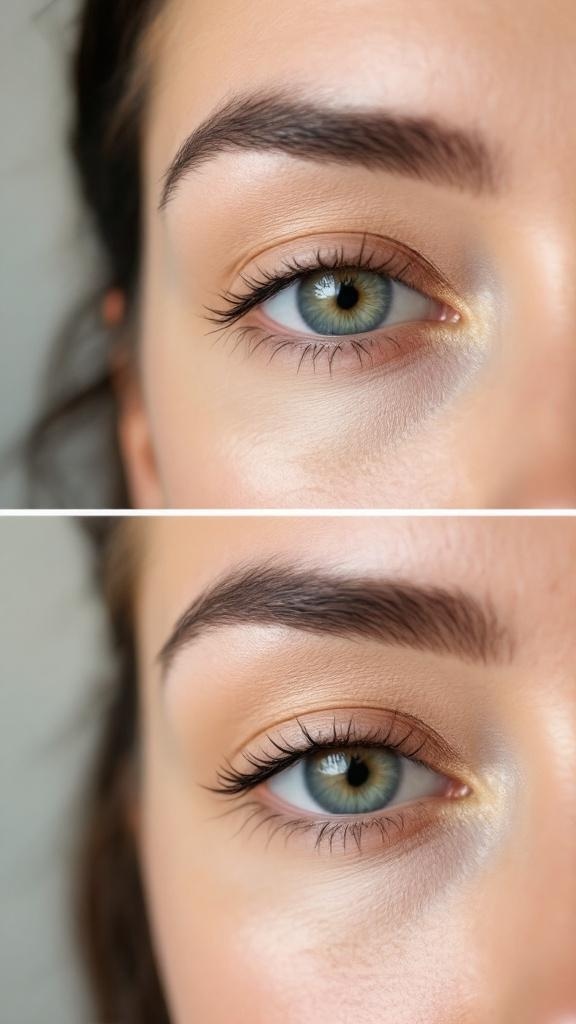 Comparison of concealer application: top shows uneven application, bottom shows smooth and blended finish.