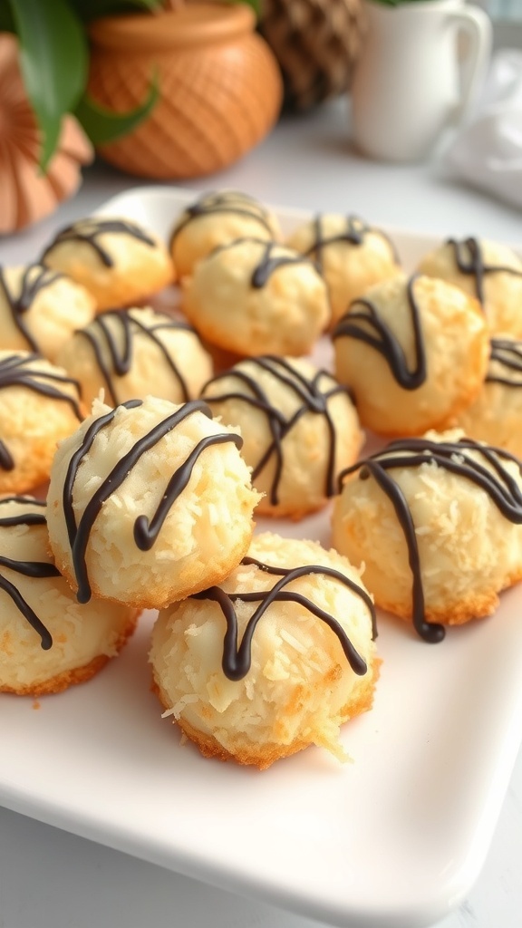 A plate of coconut macaroons drizzled with chocolate.