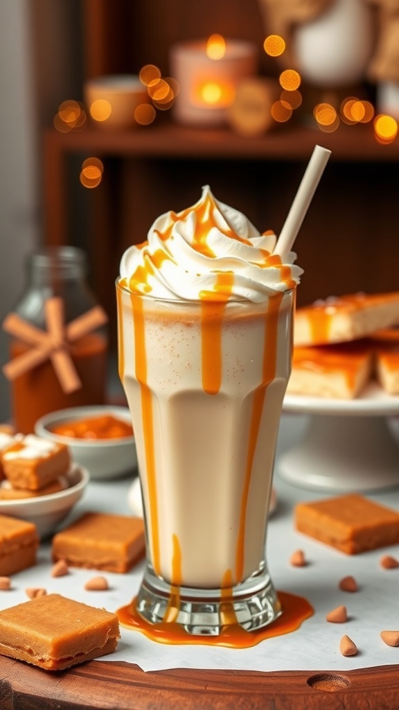 A caramel cheesecake smoothie topped with whipped cream and caramel sauce, surrounded by caramel candies.