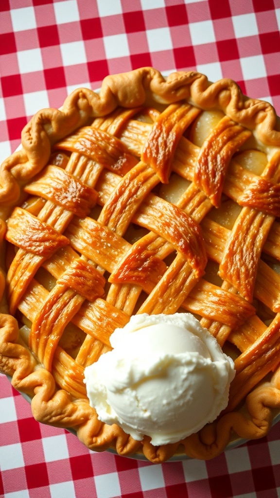 A classic apple pie with a lattice crust and a scoop of vanilla ice cream on top, placed on a checkered tablecloth.