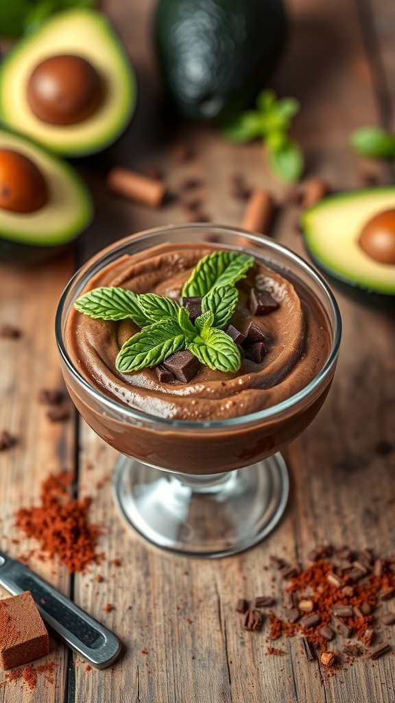 A bowl of chocolate avocado mousse topped with mint leaves and chocolate pieces, with avocados and cocoa powder in the background.