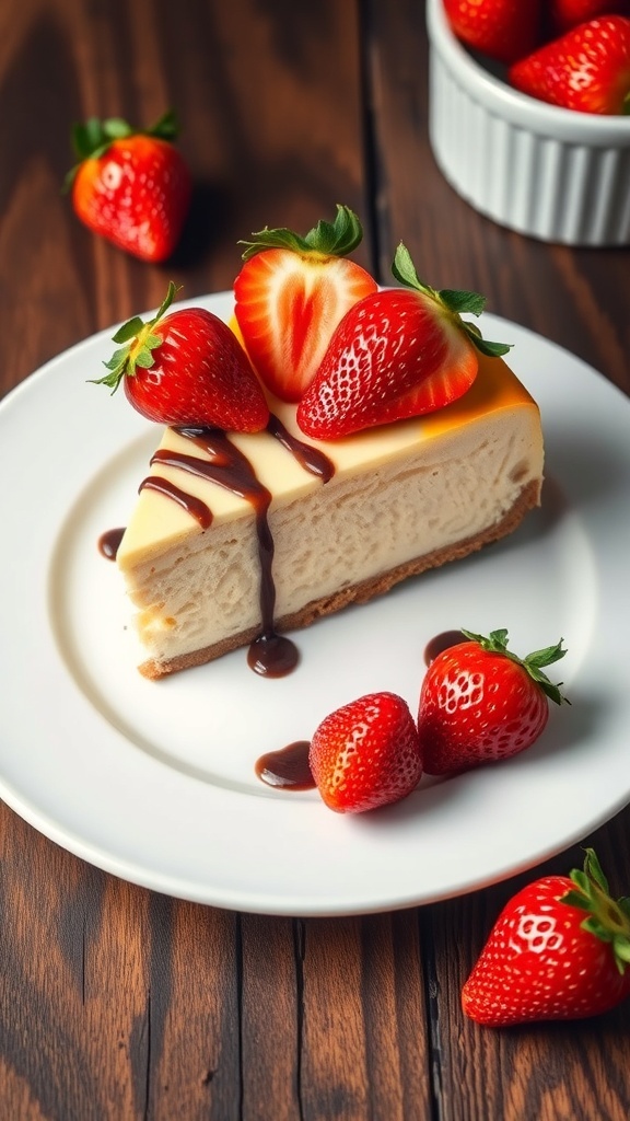 A slice of New York-style cheesecake topped with strawberries and chocolate sauce on a white plate.