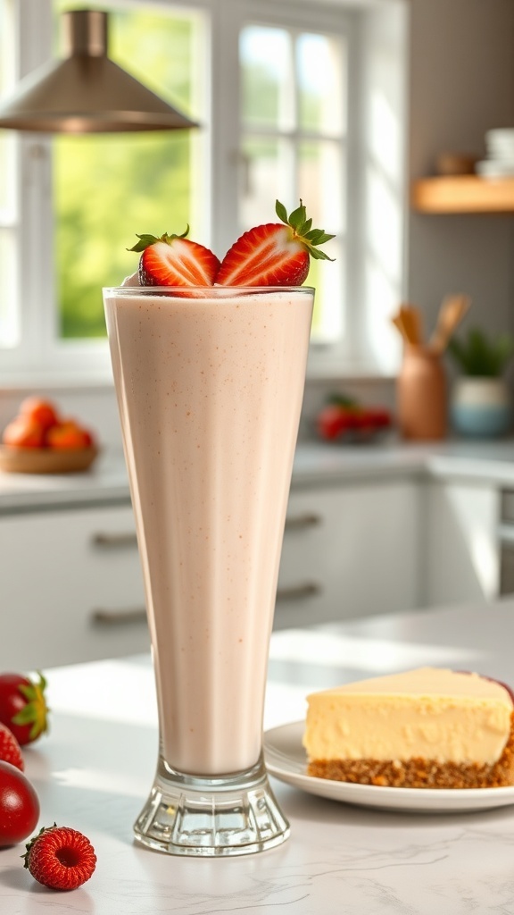 A tall glass of cheesecake smoothie topped with strawberries, next to a slice of cheesecake on a plate.