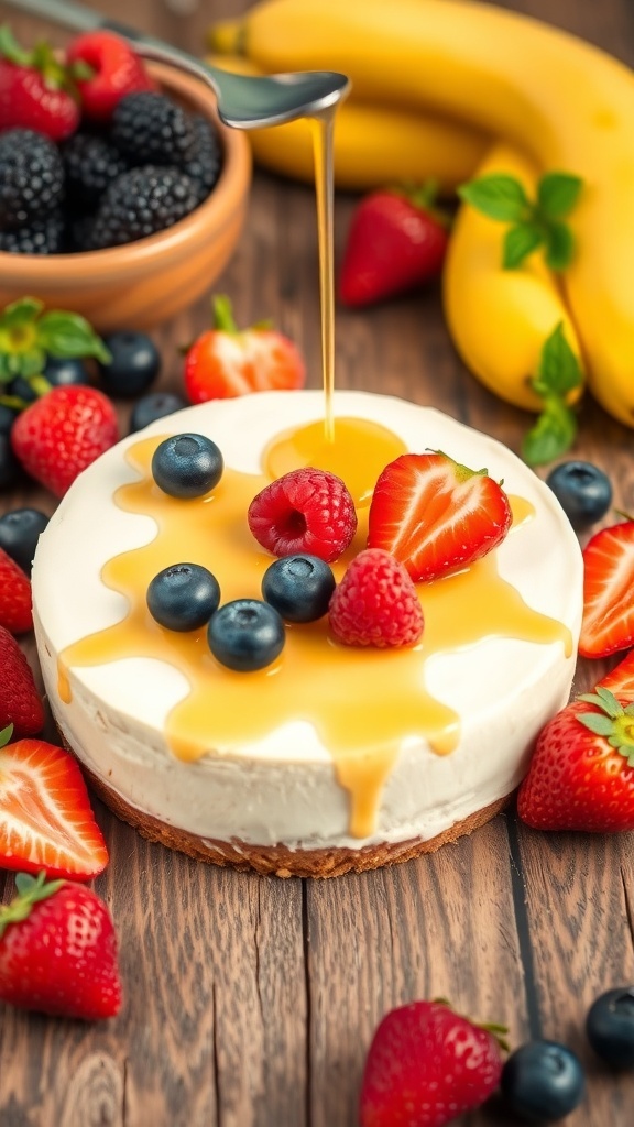 A delicious vanilla protein cheesecake topped with fresh berries and honey, surrounded by strawberries and bananas.