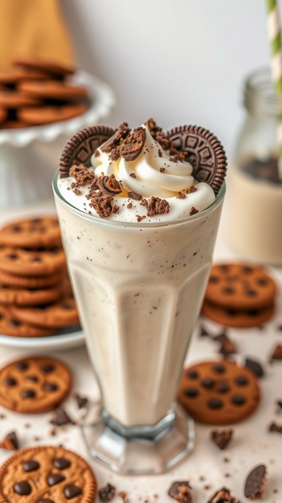 A delicious cookies and cream cheesecake smoothie topped with whipped cream and cookie crumbles, surrounded by cookies.