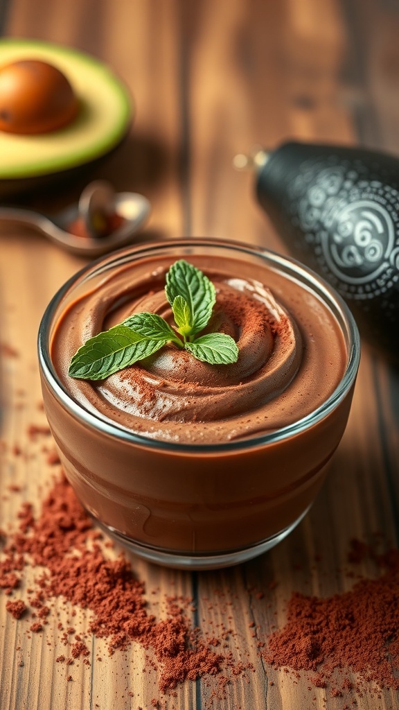A creamy avocado chocolate mousse in a glass bowl, topped with mint leaves and surrounded by cocoa powder and an avocado.