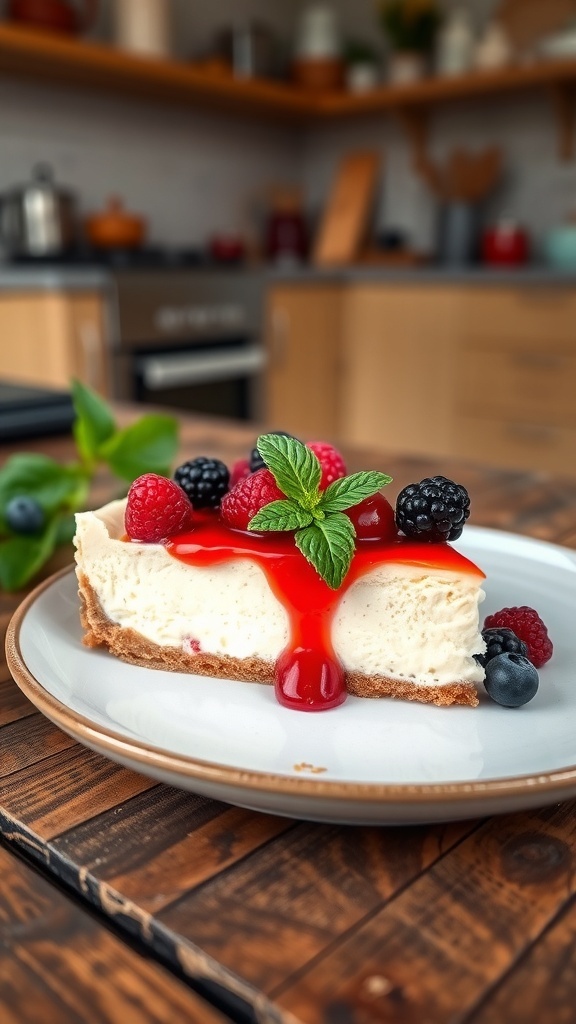 A slice of keto cheesecake topped with berries and sauce on a plate