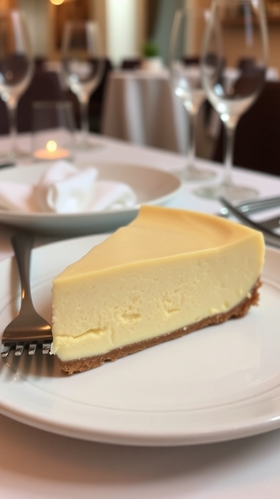 A creamy vanilla bean cheesecake topped with mint leaves on a white plate.